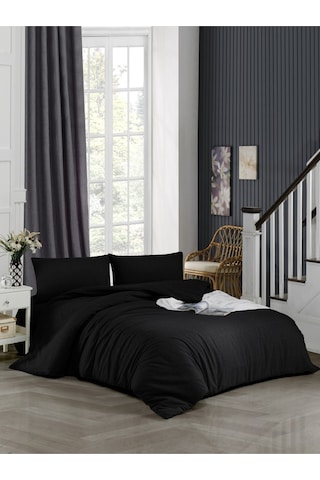 Ely Parker Battal Boy Nevresim Takımı (180x200 Lastikli Çarşaf+Yorgan Kılıfı+Yastık Kılıfı) Siyah 180 x 200 Siyah