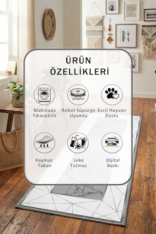 Moliva Gri Dijital Baskılı Kaymaz Yıkanabilir Yolluk