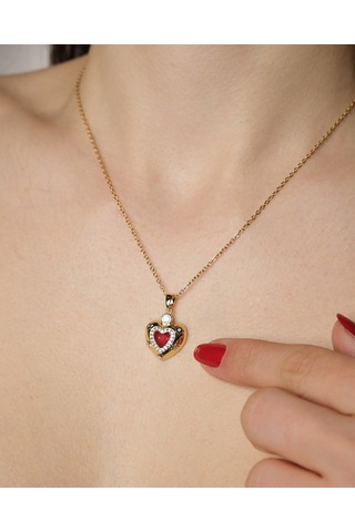 Lekka Design Kadın Kararmaz Çelik Takı Kırmızı Zirkon Taşlı Kalp Aşk Kolye Altın