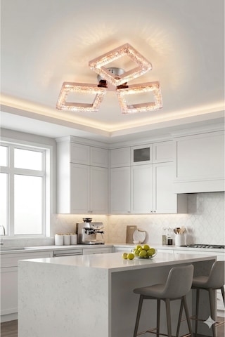 3 Renkli Kristal Kare 3 Lü Gold Kumandalı Avize Salon, Yemek Masası, Antre Ve Çocuk Odası Aydınlatma Gümüş