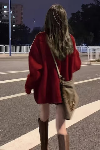 Kadın Oversize Cepli Düğmeli V Yaka Triko Hırka Bordo