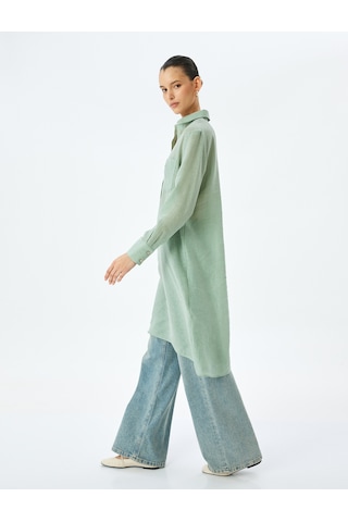 Koton Cepli Düğmeli Gömlek Yaka Keten Karışımlı Uzun Oversize Tunik Yeşil 5sak60170uw Yeşil