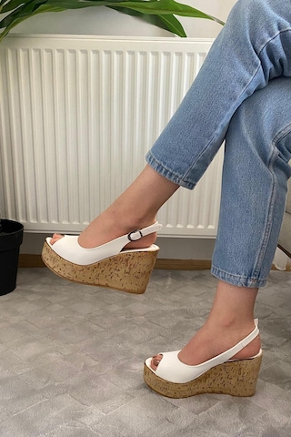 Asmi Shoes Kadın Fenni 10 Cm Dolgu Topuklu Mantar Taban Ayakkabı Beyaz