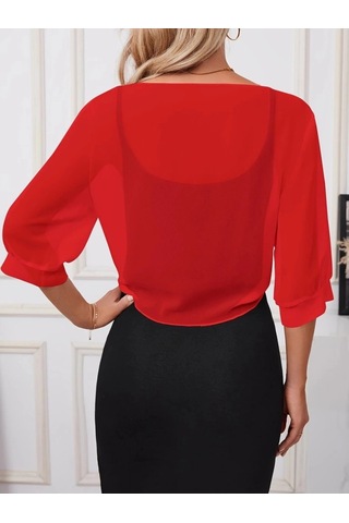 Defymoda Kadın Truvakar Kollu Önden Bağlamalı Kısa Şifon Bolero Ceket Kırmızı