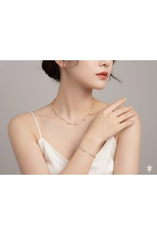 Akfecan Çelik 316l Zirkon Taşlı Yıldız Model Kolye Bileklik Seti Altın