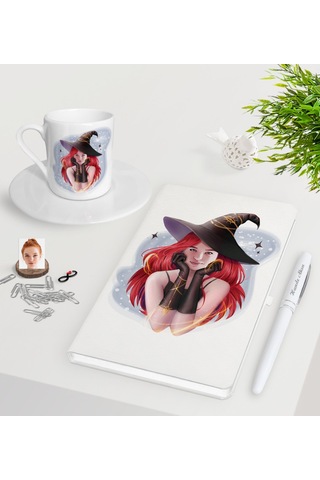 Kişiye Özel Bayan Cadı Karikatürlü Beyaz Defter Kalem Türk Kahves N11.20540