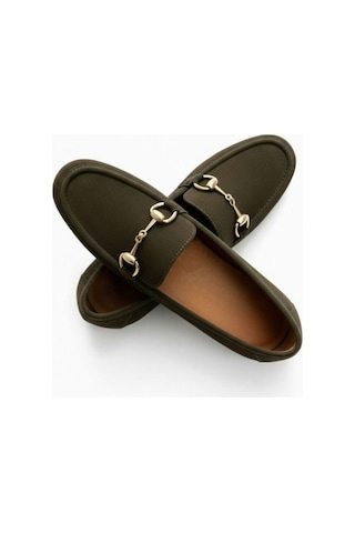 Ne&ve Shoes Haki Süet Hakiki Deri Gold Zincir Aksesuarlı Kadın Loafer Ayakkabı
