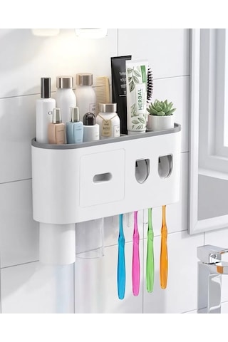 Northcity Çift Dispenserli Banyo Organizer - Diş Fırçası Tutucu Raflı Çekmeceli Beyaz