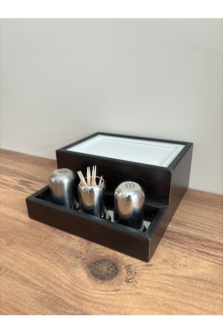 Mimoza Baharatlık Bölmeli Ahşap Masaüstü Peçetelik 12 Adet Restaurant Dispenser Venge Baharatlıklar Hariç