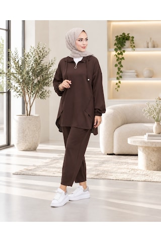 Unika Boutique Kadın Yarım Fermuar Detay İkili Salaş Takım Kahverengi