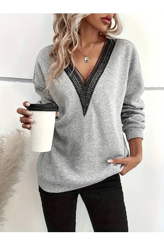 Kadın V Dantel Yaka Uzun Kollu Şardonsuz Üç İplik Bluz