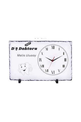 Kişiye Özel Diş Hekimi Doğal Taş Masa Saati 25x38 Cm İsim Baskılı Dekoratif Saat Çok Renkli
