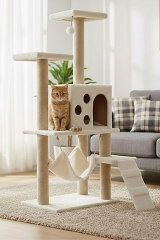 Missidea B10 Hamaklı Yuvalı Lüx Kedi Tırmalama Evi Beyaz