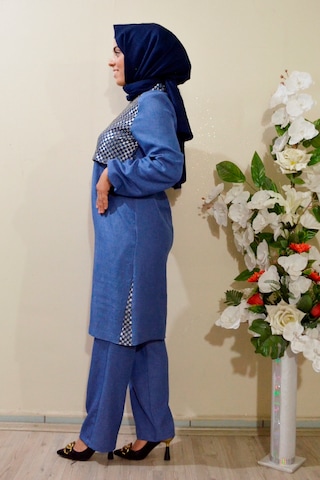 Deryam Tekstil Kadın Sofya Keten Tunik Pantolon Takımı Mavi 50 Beden Mavi