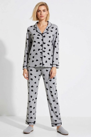 Benerly Kadın Gömlek Yaka Uzun Kol Desenli Pijama Takımı Büyük Beden Fonk gri