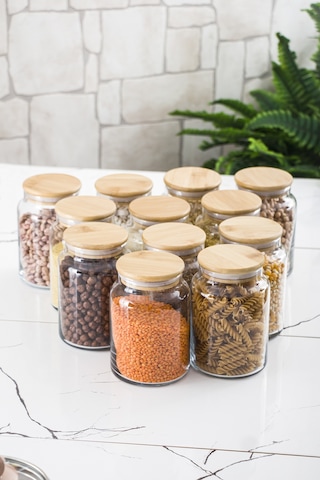 12 Lü Set Bambu Kapaklı Cam Kavanoz & Erzak Saklama Kabı 800 Ml Orta Boy Vakum Kapak Çok Renkli