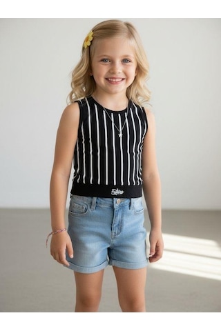 Kız Çocuk Pamuklu Çizgili Crop Bluz-16801 Siyah