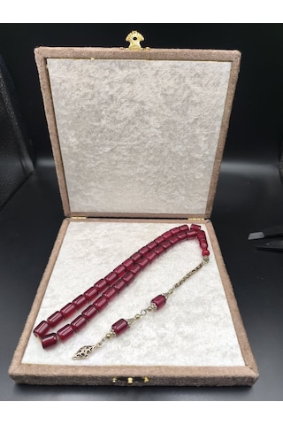 Osmanlı Benzetme Sıkma Kehribar Tesbih Bordo, 10x9 Mm Gümüş
