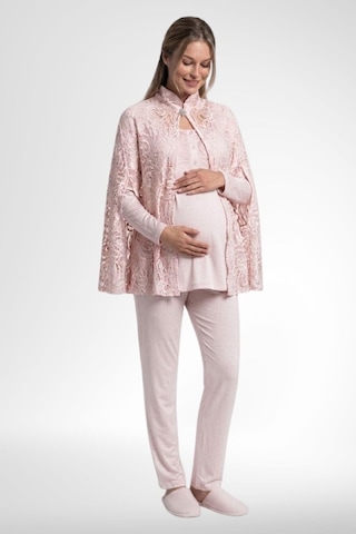 Mecit Pijama Mecit 6402 Elegant Pudra Pembe Dantel Pelerinli Lohusa Pijama Takımı