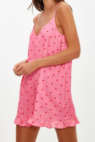 Ersefa Kadın Moda Boru Paça V Yaka Puantiyeli Desen Kısa Puantiyeli İp A Pembe