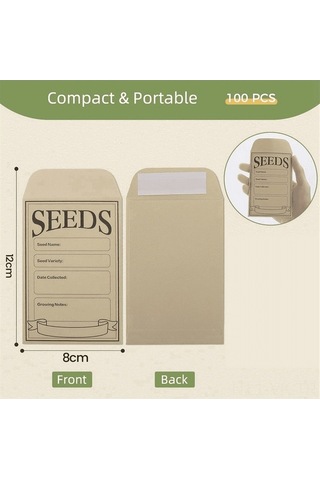 Pazly 100 Adet 8x12 Cm Kraft Kağıt Tohum Depolama Zarfı, Kendinden Kapatan, Dört Bölmeli Etiketli, Çok Amaçlı