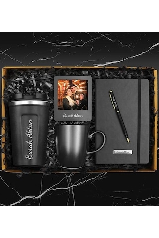 Kişiye Özel Starbucks Model Çelik Termos & Kişiye Özel Termo Deri Defter & Kalem & Siyah Kupa & Fotoğraf Çerçevesi Hediye Seti