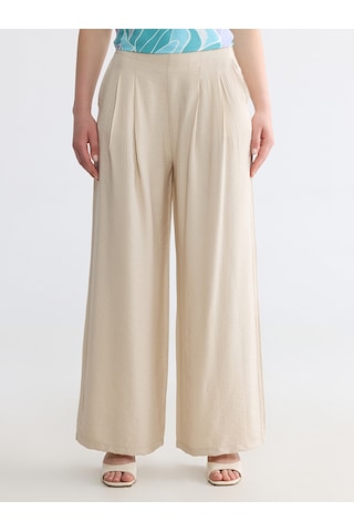 Lcw Comfort Bej Beli Lastikli Kadın Pileli Pantolon