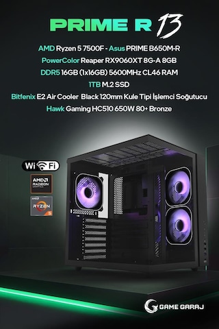 Game Garaj PRIME-R13 R5-7500F 8 GB RX9060XT 16 GB 1 TB SSD Free Dos Oem Paket Masaüstü Oyuncu Bilgisayarı