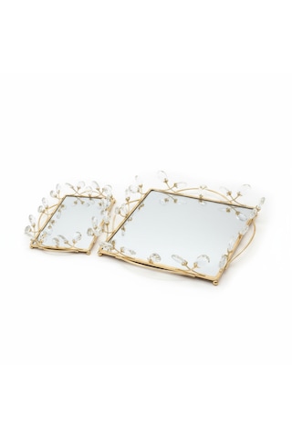 2 Li Gold Renk Aynalı Dekoratif Tepsi Seti Beyaz- BB030