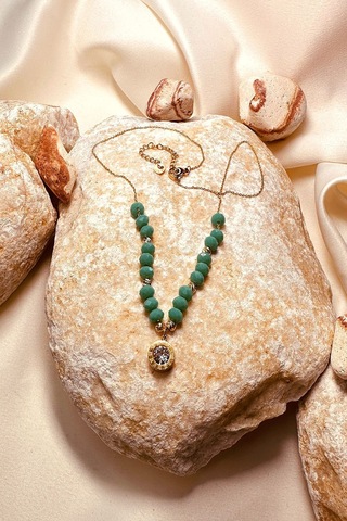 Turkuaz Boncuk Zirkon Tek Taşlı Gold Renk Paslanmaz Çelik Kadın Zincir Kolye