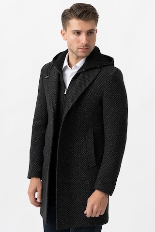 White Stone Ancona 4024 Slim Fit Kapüşonlu Ceket Yaka Pamuklu Kaban Siyah-Siyah