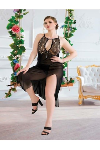 Arias Closet Büyük Beden Siyah Tül Fantezi Uzun Yırtmaçlı Gecelik Siyah