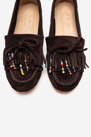 Luvishoes Evelyn Kahverengi Süet Hakiki Deri Püsküllü Boncuklu Kadın Loafer Ayakkabı