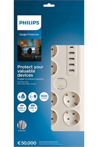 Philips Spn7060wa/62 6'lı Akım Korumalı & 5 Usb Girişli Prız 900j 2 M 1 X Type C - 4 X Type A Spn7060wa/62 2 M