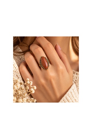Esoo Jewelry Vintage Tasarım Simli Kahve Taşlı Ayarlanabilir Kadın Yüzük - Antik Gold Görünümlü Kahverengi