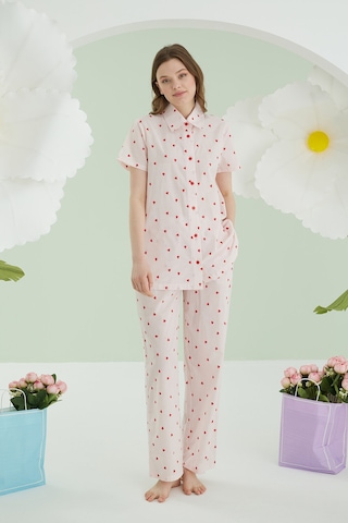 Nbb Kadın Pembe Kalpli Önden Düğmeli Pijama Takım