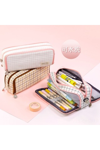 Aubyhe Özel Tasarım Çok Katlı Kanvas Kalem Çantası - Orta Ve İlkokul Öğrencileri İçin Büyük Kapasiteli Glasyer Mavisi Çift Pencereli Kalem Kutusu Açık Mavi