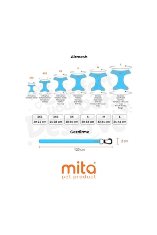 Mita Air Mesh Kedi Köpek Göğüs Tasması Çift Reflektörlü, Terletmeyen Turkuaz