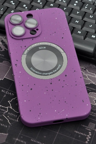 Apple Uyumlu iPhone 14 Pro Mor Benekli Desenli İnce Sert Kapak Kılıf Kamera Lens Korumalı Mor