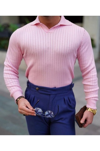 Pembe Erkek Polo Yaka Fitilli Triko Kazak Pembe
