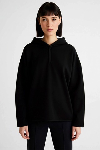 Benerly Kadın Kapüşonlu Fermuarlı Oversize Polar Sweatshirt Fonksiyonel D siyah