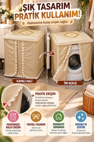 Kapıçino Çamaşır Makinesi Örtüsü Fırfırlı Dantelli Dekoratif Toz Koruyucu Ön Açılır Lüks Kılıf Model Gold