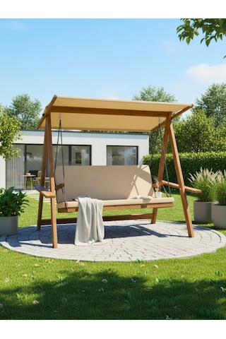 Riva 2100 3 Kişilik Ahşap Bahçe Salıncağı, Balkon ve Teras Salıncağı, Tenteli Camel