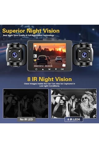 Xuweiwei 2025 Yeni 4 Lensli Dash Cam 1080p Yüksek Çözünürlüklü Mini Kamera Gece Görüşlü Geniş Açılı Araç Güvenlik Monitörü