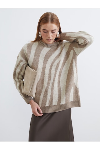 Lcw Modest Kahverengi Bisiklet Yaka Zebra Desenli Kadın Triko Tunik