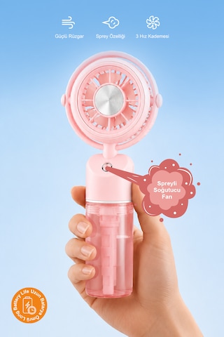 Taşınabilir Şarjlı Su Püskürtmeli 3 Kademeli Mini El Fanı Pembe