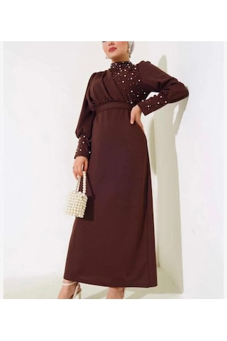 Lovie Moda Madın İncili Özel Gün Elbisesi Kahverengi