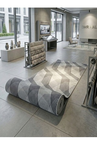Carpet Çizgili Jel Kesme Halı Yolluk Gri