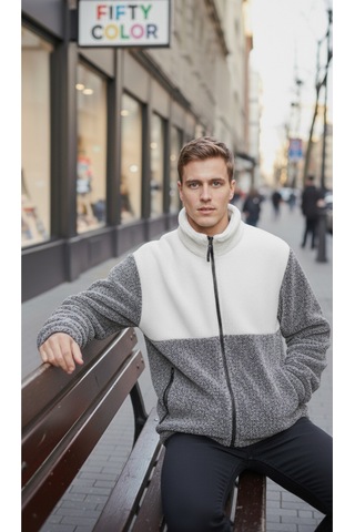 Premium Kalite Renk Bloklu, Fermuarlı, Dik Yaka, Sherpa, Polar, Peluş Ceket Gri - Beyaz