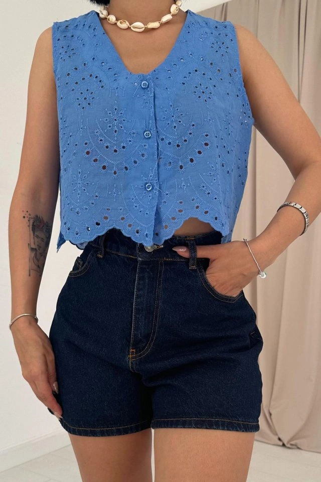 Emh Store Mavi Sıfır Kol Brode Bluz Mavi